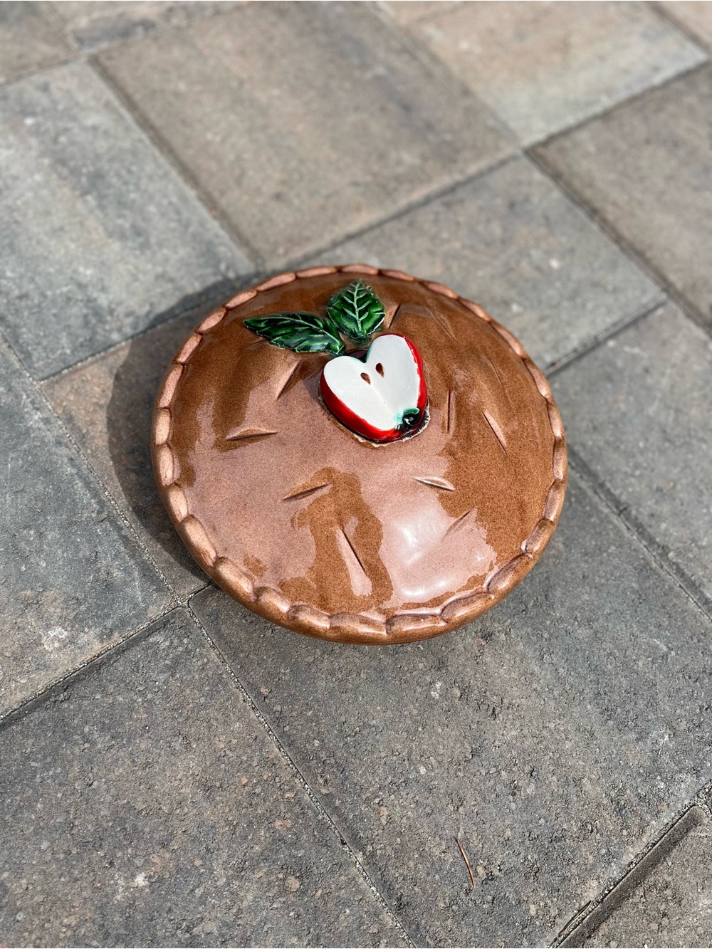 Vintage Portuguese Ceramic Apple Pie Keeper with Lid Trompe L'oeil Figural Dish
